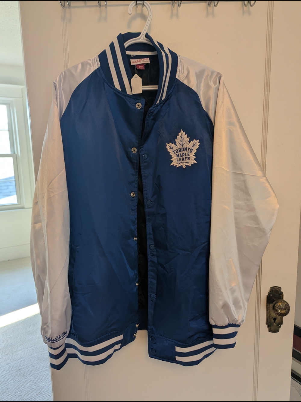 Mitchell & Ness Toronto Maple Leafs Blue & White Satin Varsity Jacket
